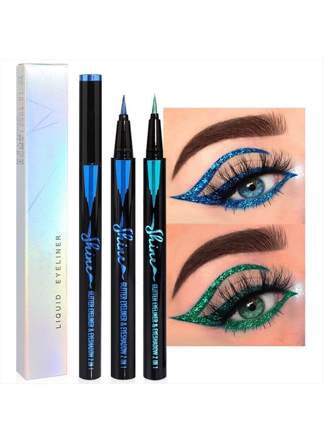 2Pcs Glitter Sparkling Shimmer Dark Green & Light Green Liquid Eyeliner Makeup Pen Set, Metallic Satin Finish Colorful Colored Eye Liner Pen Waterproof Smudge Proof Long Lasting High Pigmented