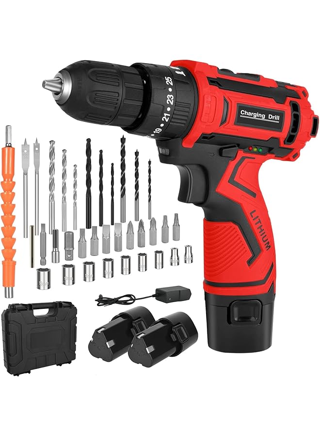 erorex Cordless Power Drill Set 12V Electric Drill With Battery Charger 2 Variable Speed 18+1 Torque Setting 3 8 Inch Keyless Chuck Portable Drill And 25Pcs Drill Driver Bits - Image 1