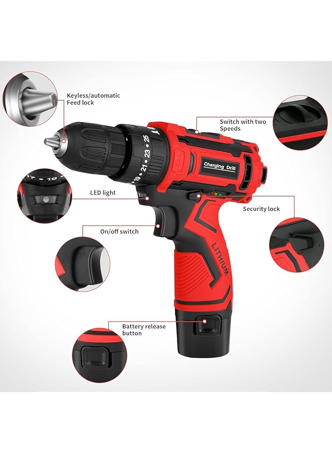 erorex Cordless Power Drill Set 12V Electric Drill With Battery Charger 2 Variable Speed 18+1 Torque Setting 3 8 Inch Keyless Chuck Portable Drill And 25Pcs Drill Driver Bits - Image 5