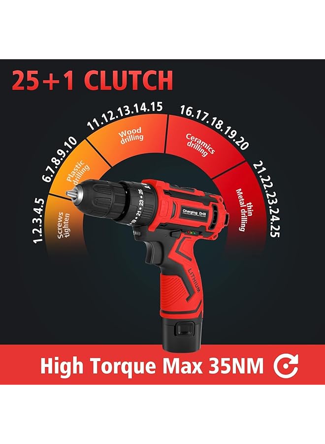 erorex Cordless Power Drill Set 12V Electric Drill With Battery Charger 2 Variable Speed 18+1 Torque Setting 3 8 Inch Keyless Chuck Portable Drill And 25Pcs Drill Driver Bits - Image 4