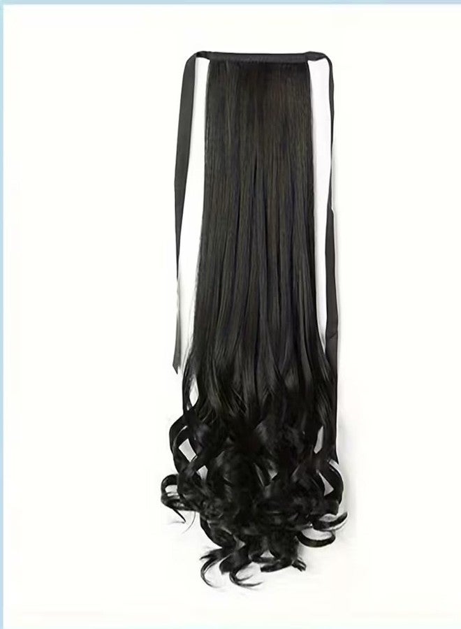 Ashkash 1Pcs Women'S Fashion Binding Tie up Ponytails Synthetic Ribbon Ponytail Extensions Hair Wrap Around Long Curly Wavy Soft Silky Clip in Pony Tail Extensions for Women (Black) - Image 4