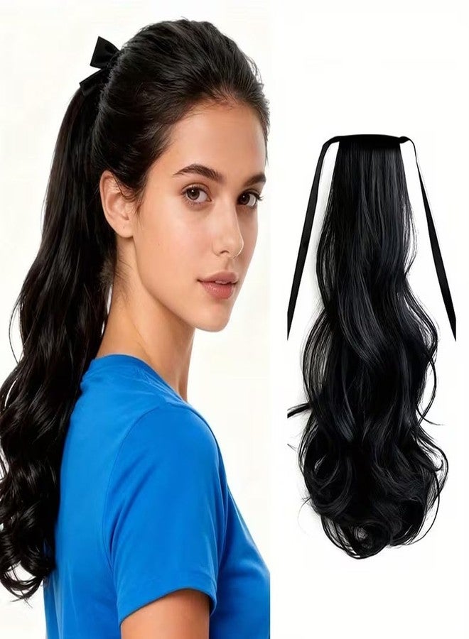 Ashkash 1Pcs Women'S Fashion Binding Tie up Ponytails Synthetic Ribbon Ponytail Extensions Hair Wrap Around Long Curly Wavy Soft Silky Clip in Pony Tail Extensions for Women (Black) - Image 1