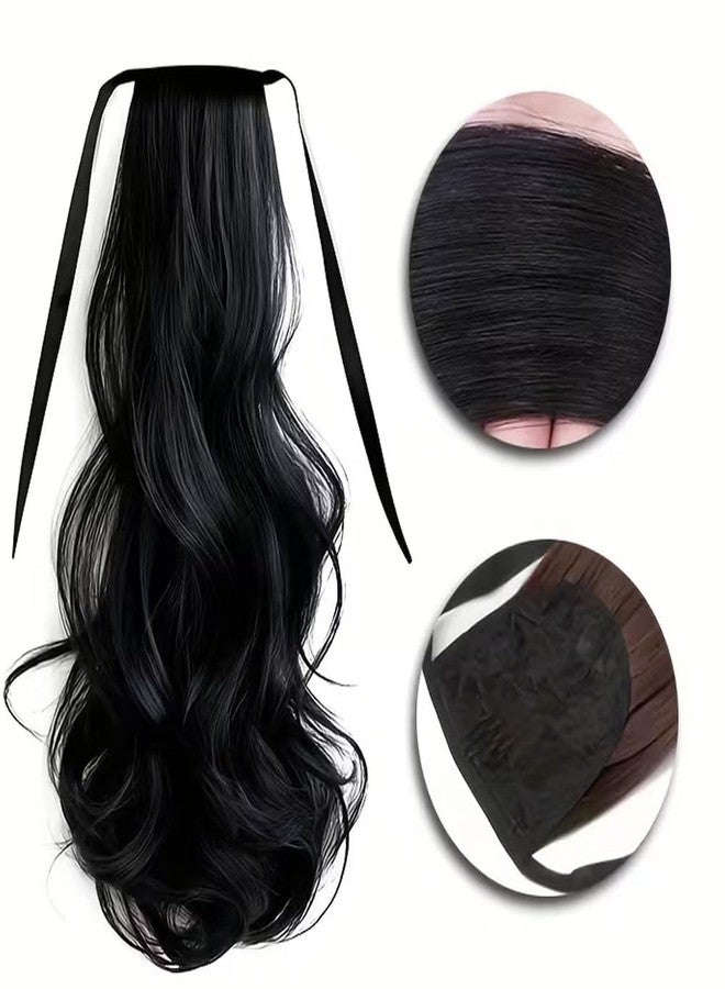 Ashkash 1Pcs Women'S Fashion Binding Tie up Ponytails Synthetic Ribbon Ponytail Extensions Hair Wrap Around Long Curly Wavy Soft Silky Clip in Pony Tail Extensions for Women (Black) - Image 5