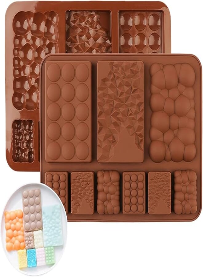 MoldBerry Assorted Chocolate Bar Mould Silicone 9 Slot Chocolate Bar Mould Multiple Shapes Mini Gems Bubble Zigzag Candy Jelly Mould Cake Decorating Cupcake Desert Pack of 1 (Multi Color),14X20X1 Cm