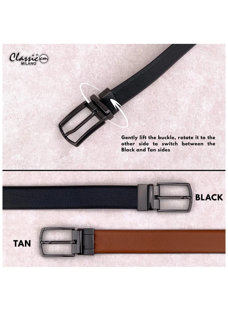 Classic Milano Black Tan (Shrinken) Classic Milano Genuine Leather Reversible Belt for Men, Black & Brown Formal Men's Belt for Business or Office Wear, Men's Leather Belt with Gift Box | 2 in 1 Belt (Pack of 1) for Men | Best Price UAE