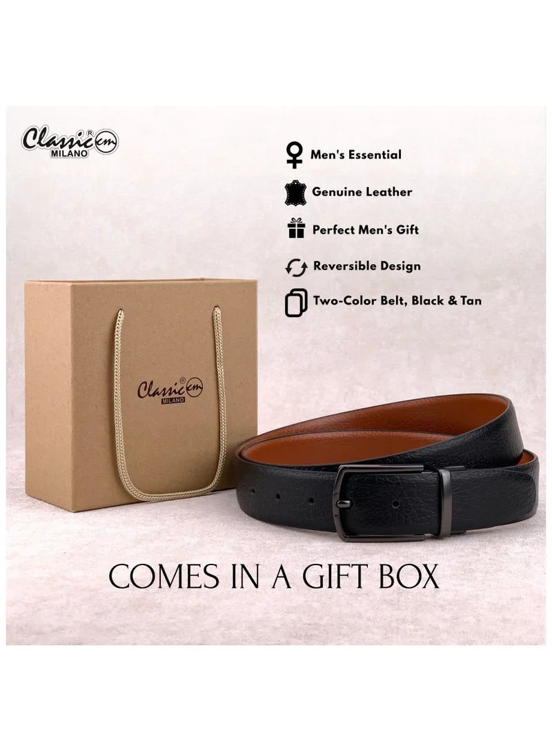 Classic Milano Black Tan (Shrinken) Classic Milano Genuine Leather Reversible Belt for Men, Black & Brown Formal Men's Belt for Business or Office Wear, Men's Leather Belt with Gift Box | 2 in 1 Belt (Pack of 1) for Men | Best Price UAE