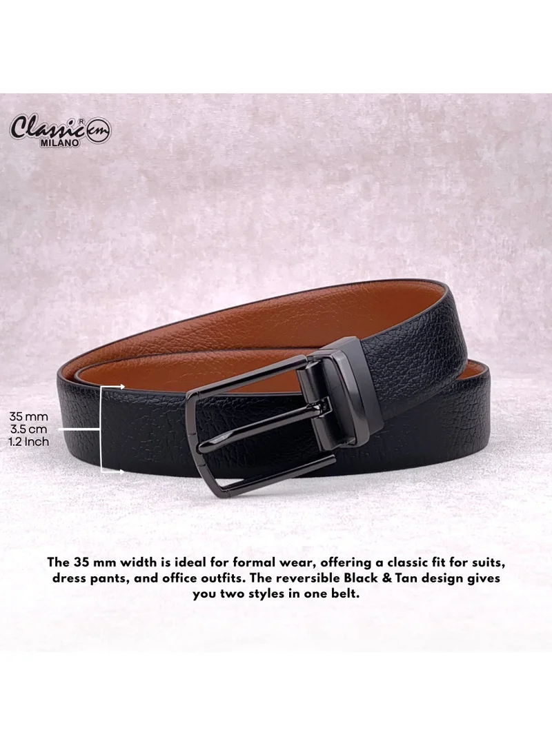 Classic Milano Black Tan (Shrinken) Classic Milano Genuine Leather Reversible Belt for Men, Black & Brown Formal Men's Belt for Business or Office Wear, Men's Leather Belt with Gift Box | 2 in 1 Belt (Pack of 1) for Men | Best Price UAE