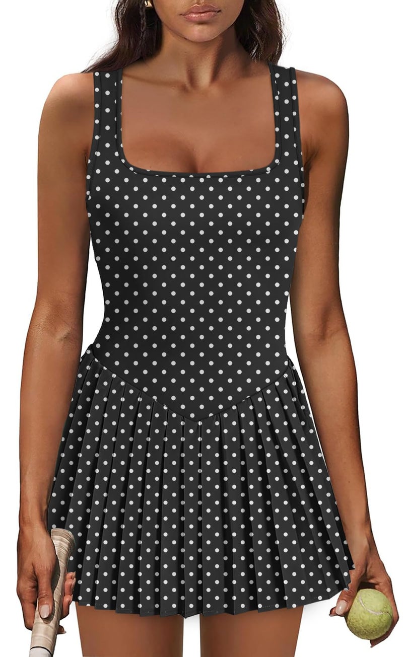 NIASHOT Womens Tennis Dress Pleated Skirt Athletic Dress for Women with Shorts Vacation Dresses Graduation Spring Dresses 2026 Black Dots XS - Image 1