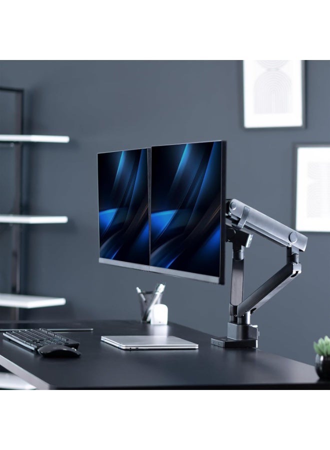 حامل شاشات مزدوج من الألومنيوم بحركة كاملة – ذراع قابل للتعديل مع نظام رفع للشاشات العريضة حتى 35 بوصة - Image 4