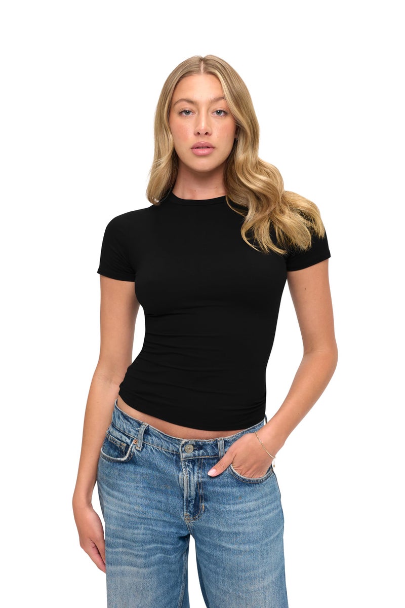 Natural Uniforms Womens Super Soft, Super Stretch Y2K Short Sleeve Baby Tee Crop Top (Black, Small) - Image 1