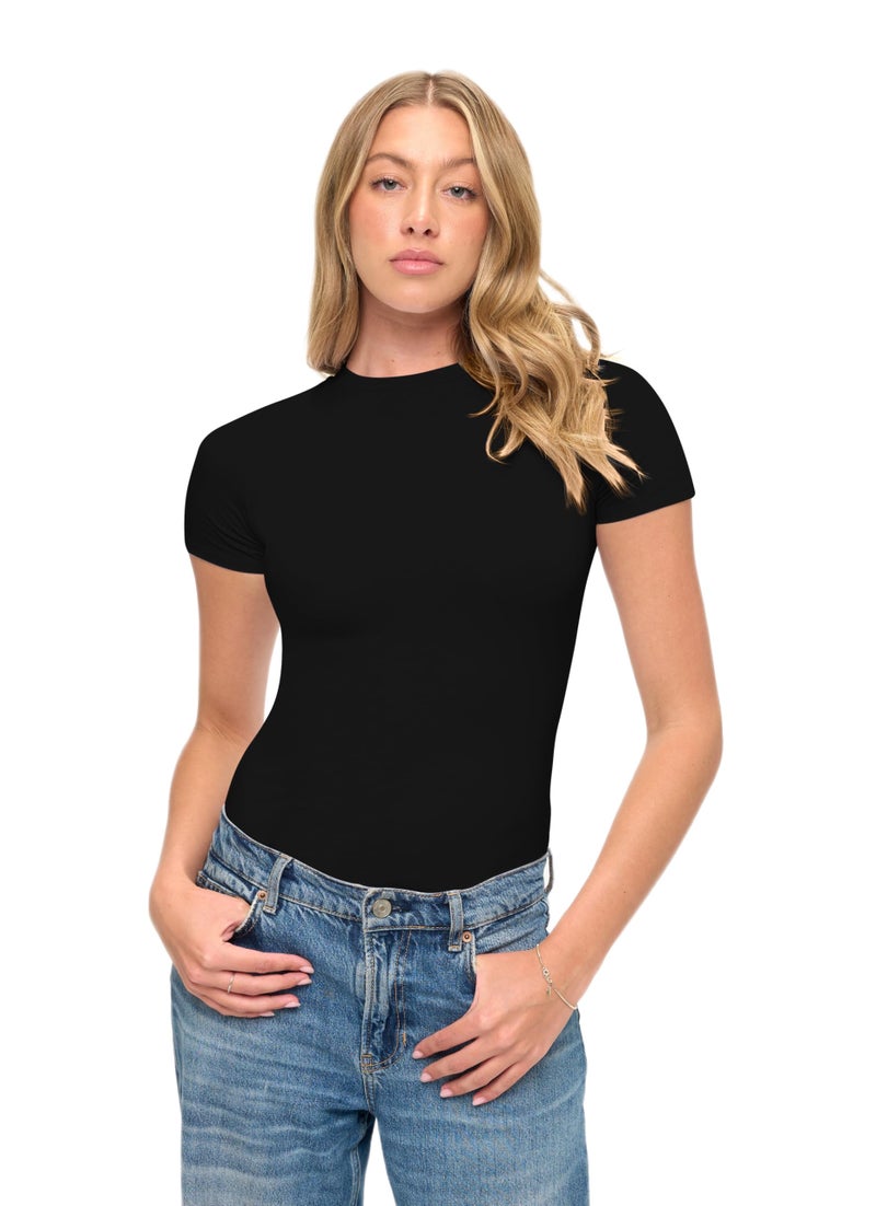 Natural Uniforms Womens Super Soft, Super Stretch Y2K Short Sleeve Baby Tee Crop Top (Black, Small) - Image 3