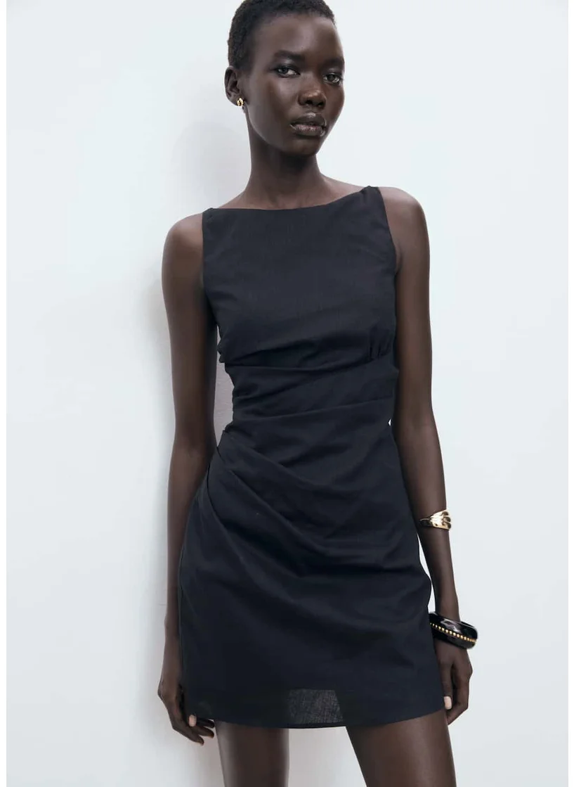 MANGO Short Draped Linen Dress