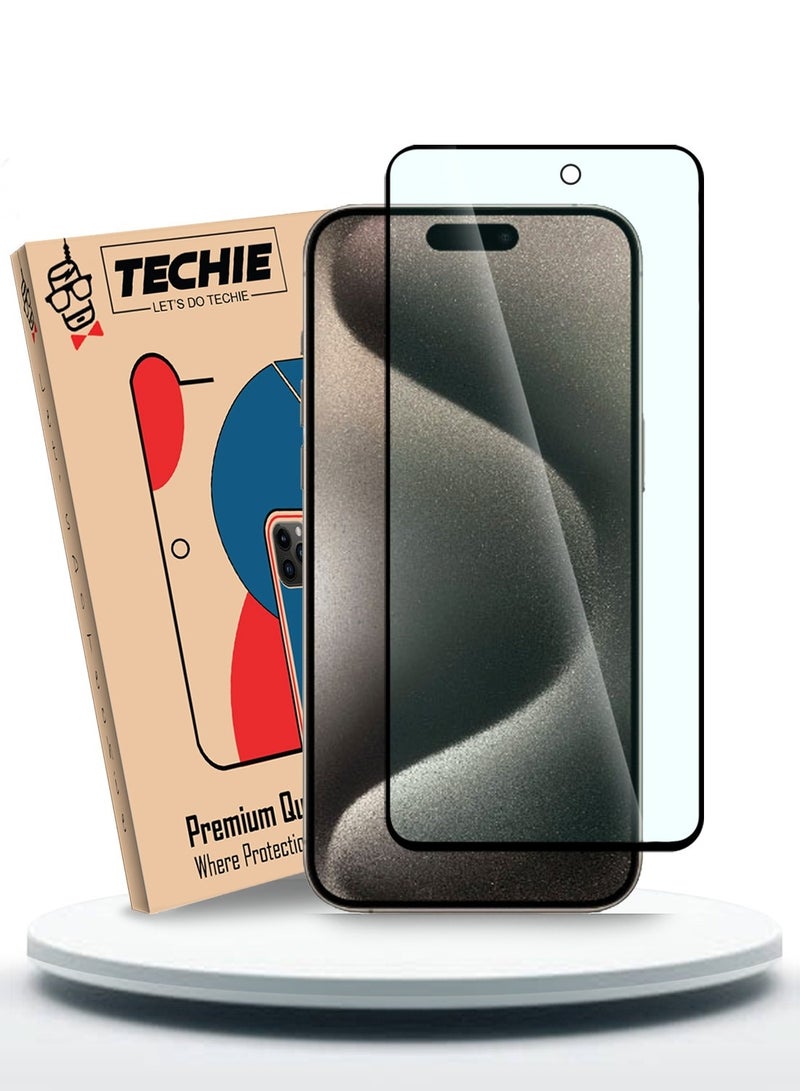 Techie حماية شاشة زجاجية مقساة مضادة للضوء الأزرق لجهاز آبل آيفون 15 برو ماكس – صلابة 9H، مضادة للانعكاس، خالية من الفقاعات، 0.33 مم، تركيب سهل - Image 1