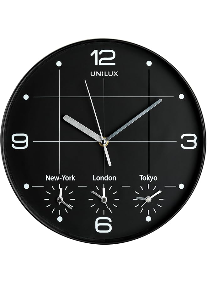 The Bros ساعة حائط سوداء بعرض توقيت عالمي - مناسبة للمتاجر والمكاتب والمحلات المحلية - Image 1