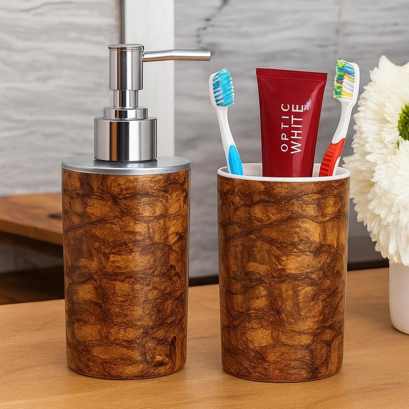 LAGET ® Bathroom Accessories Set for Utility and Toothbrush Holder Bathroom Decor | Handwash Liquid Soap Dispenser Pump for Bathroom, Kitchen, Wash Basin, Sink (Brown Tile) - Image 1