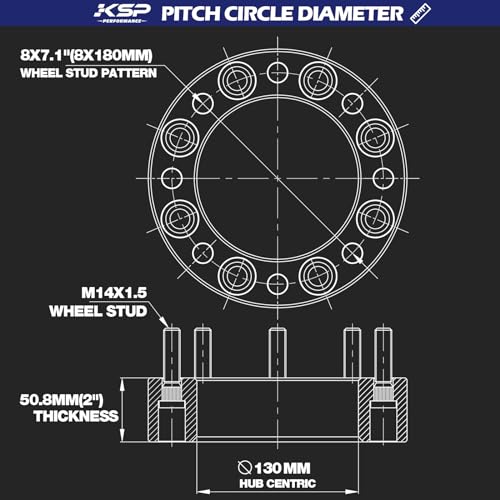 KSP PERFORMANCE فواصل عجلات KSP 2 بوصة 8x180 لسيارات شيفروليه سيلفرادو 2500 2011-2024 2500HD 3500HD و GMC سييرا 2500HD 3500HD، 50.8 مم 8x180 إلى 8x180 محولات عجلات مركزية مطروقة مع ثقب محور 130 مم ومسامير M14x1.5 - Image 2