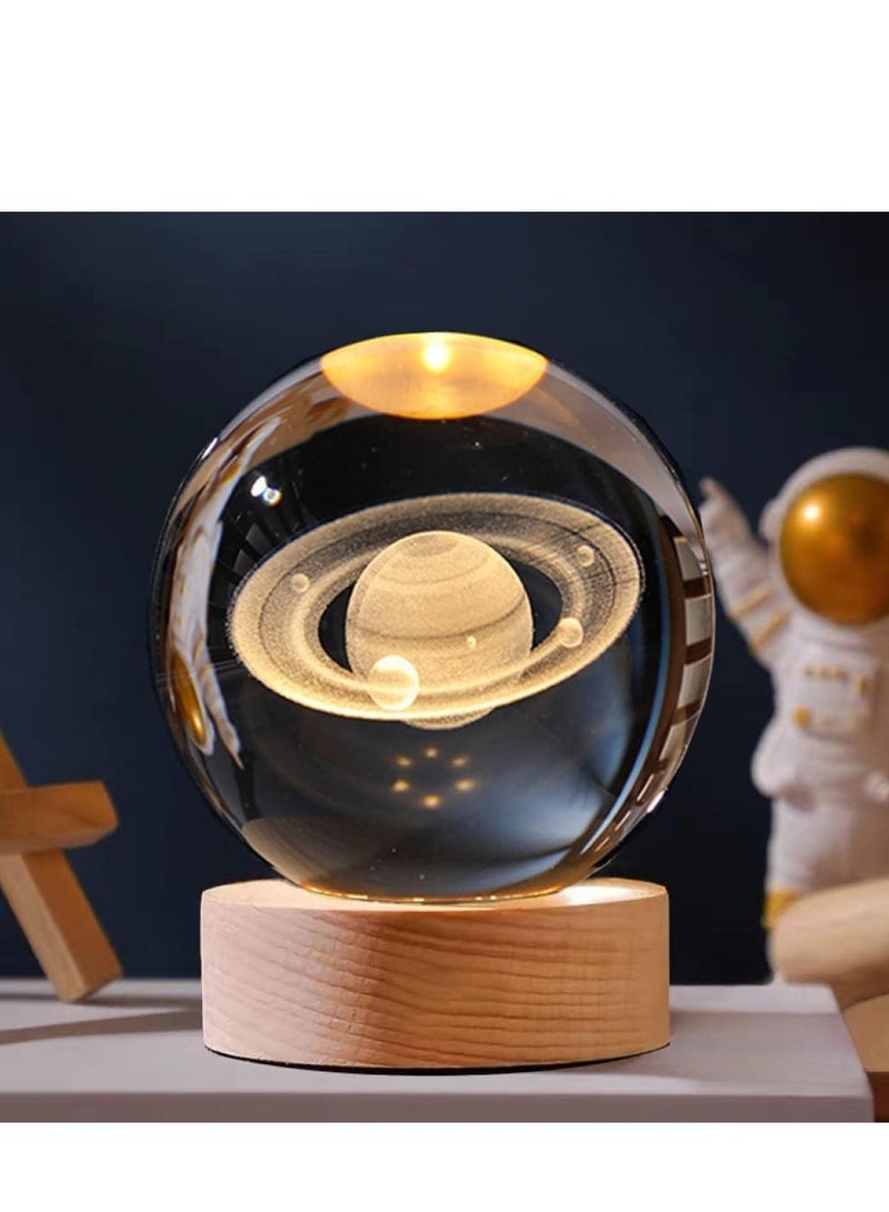 GUDOO 3D Crystal Ball Night Light Clear Galaxy LED Light with Wooden Base Glass Ball Ornaments Nightlight Decolamp with Touch Switch LED Light Decorative Lamp Gifts for Home Desktop Decor-Planet - Image 1