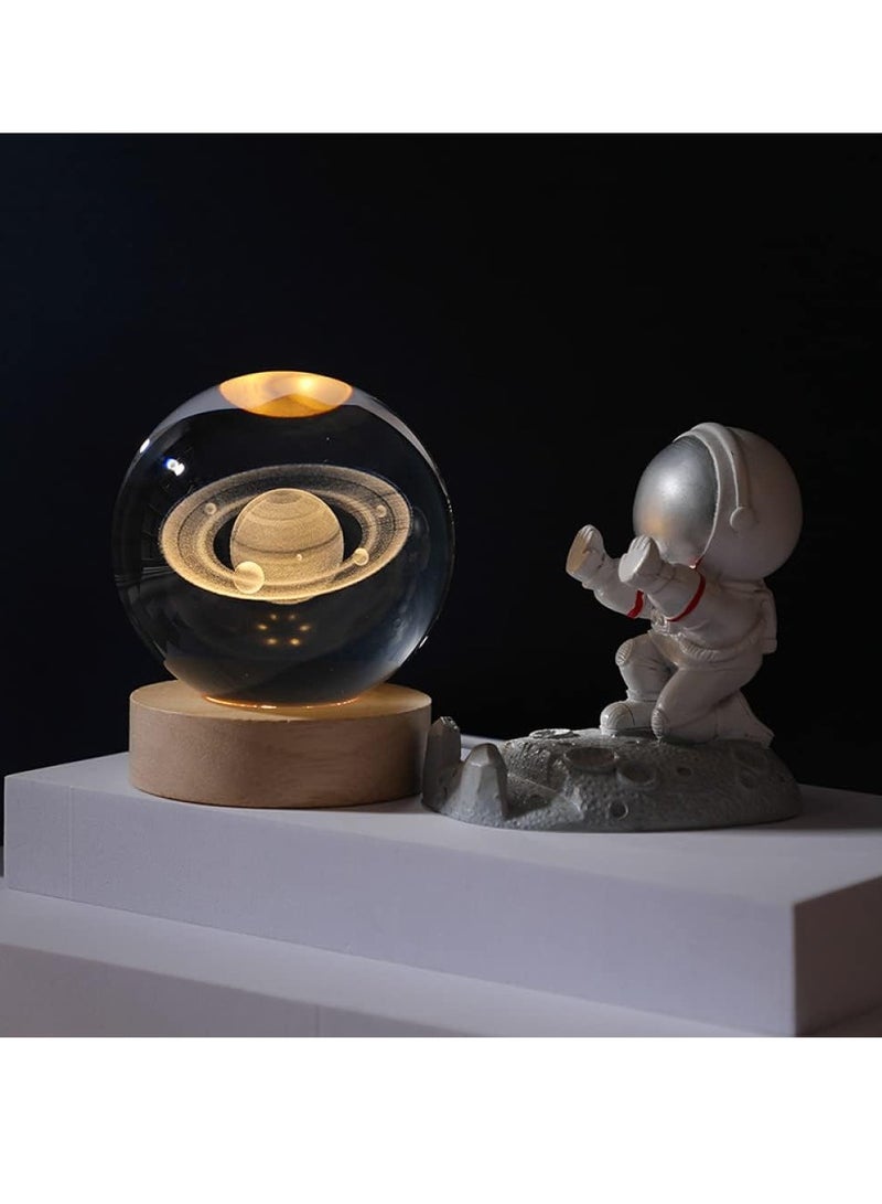 GUDOO 3D Crystal Ball Night Light Clear Galaxy LED Light with Wooden Base Glass Ball Ornaments Nightlight Decolamp with Touch Switch LED Light Decorative Lamp Gifts for Home Desktop Decor-Planet - Image 2