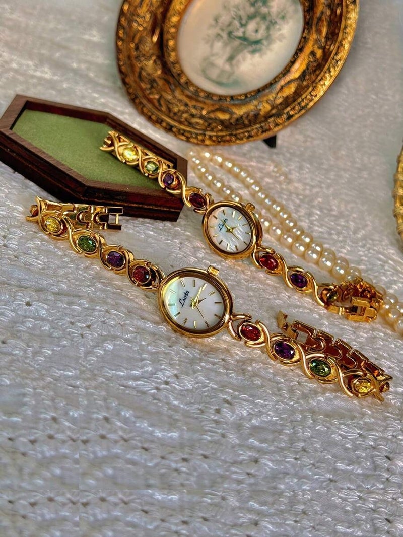 Shein 1pc New Luxury Colorful Beryl Gemstone & Crystal Embellished Vintage Elegant Fashion Women's Watch, Oval Pearl Dial, 30M Water Resistant, Suitable For Daily Wear, Parties, Vacations And Outings - Image 1