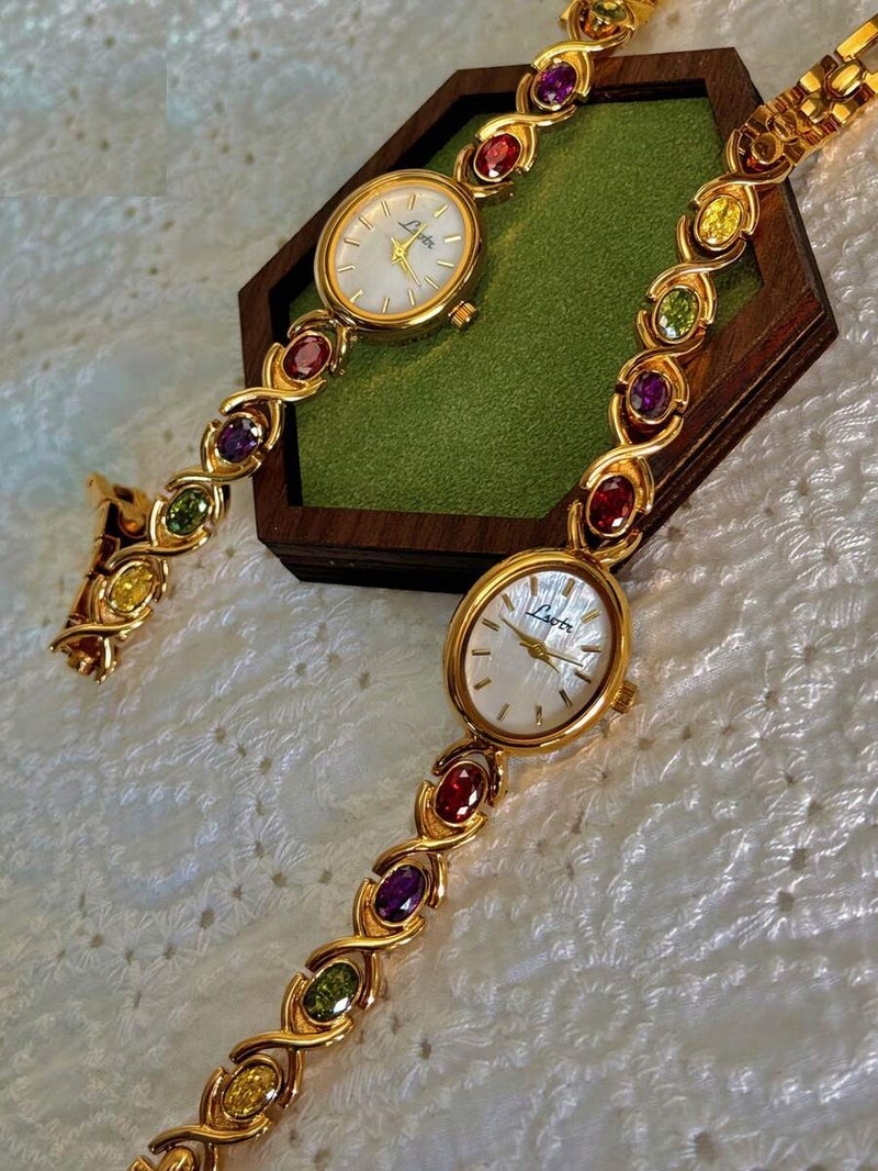 Shein 1pc New Luxury Colorful Beryl Gemstone & Crystal Embellished Vintage Elegant Fashion Women's Watch, Oval Pearl Dial, 30M Water Resistant, Suitable For Daily Wear, Parties, Vacations And Outings - Image 3