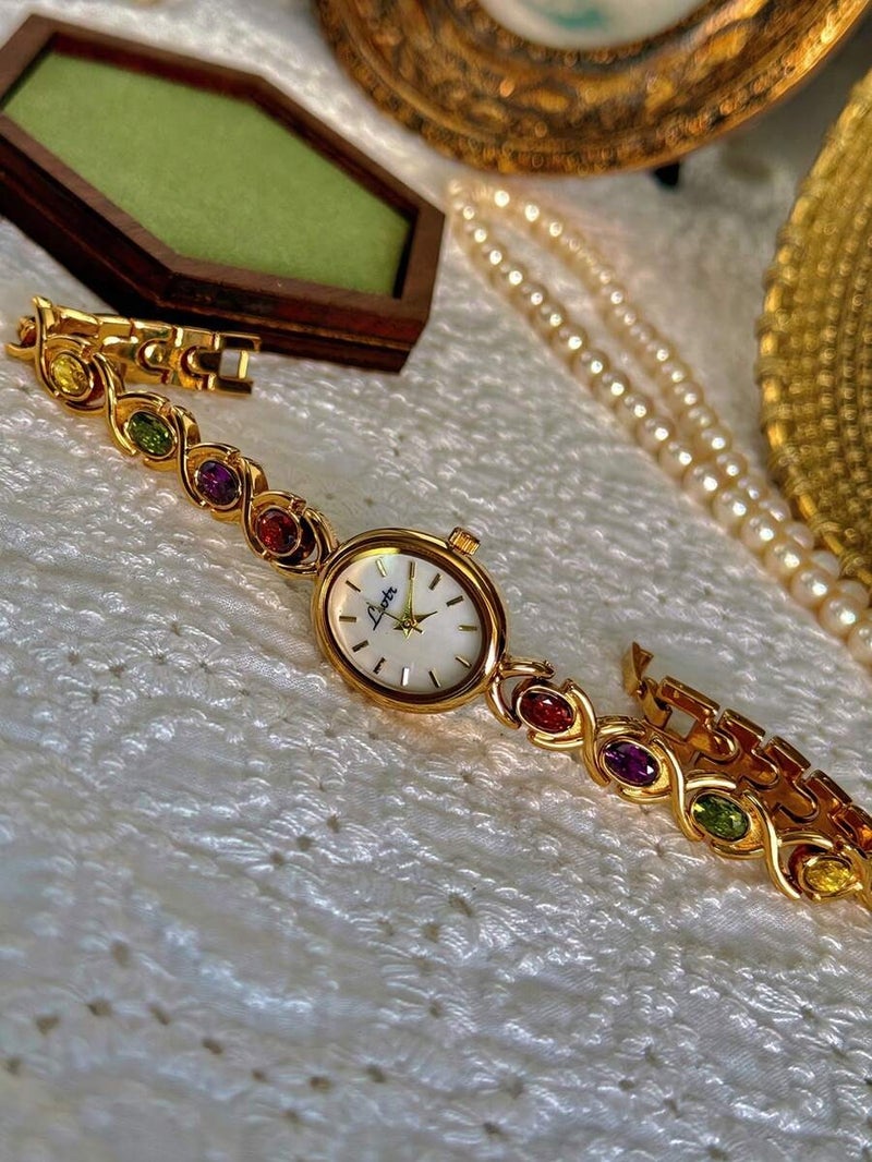 Shein 1pc New Luxury Colorful Beryl Gemstone & Crystal Embellished Vintage Elegant Fashion Women's Watch, Oval Pearl Dial, 30M Water Resistant, Suitable For Daily Wear, Parties, Vacations And Outings - Image 4