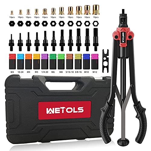 WETOLS 17 Rivet Nut Tool Hand Rivet Tool Kit with 11 Metric  SAE Mandrels M3 M4 M5 M6 M8 M10 M12 1024 1420 51618 3816 110pcs Rivnuts Sturdy Case Packed Auto Release Nut Design WE896