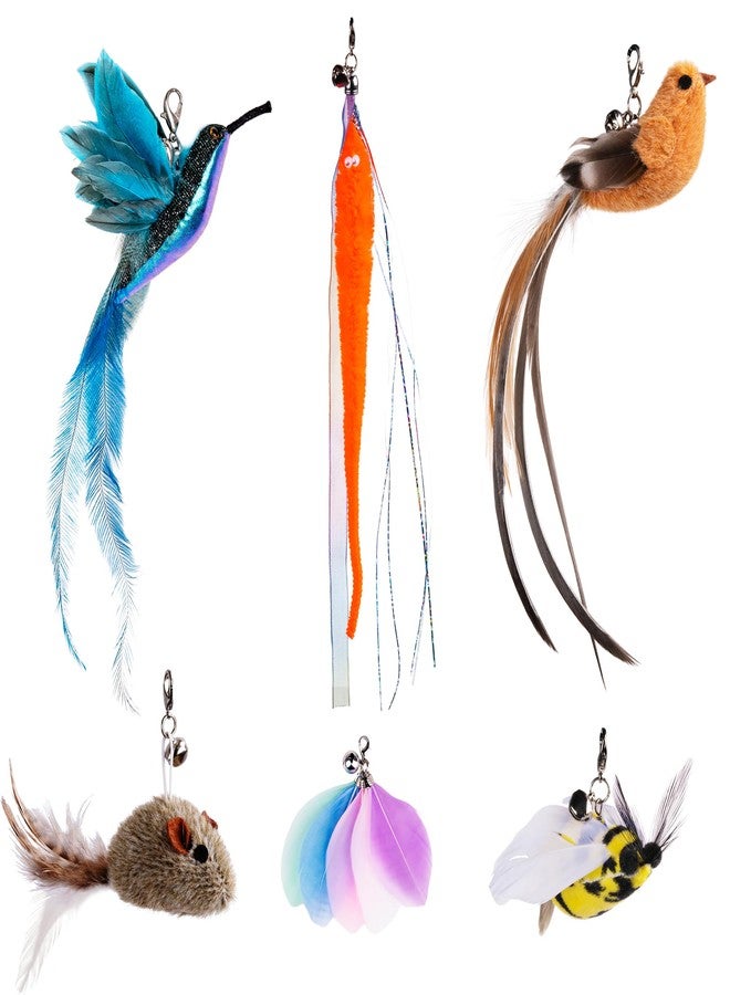 JXFUKAL Cat Feather Toy Refills, 6Pcs Simulation Bird Mouse Bee Worm Feather Cat Lures Wand Attachment Replacement for Kitty Kitten Indoor Cats Accessories - Image 1