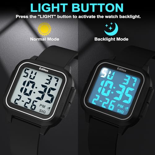 Edillas Square Digital Watch for Mens Womens (Big Numbers Large Face 5ATM Waterproof Alarm Stopwatch Date Week Military Back Light) Watch for Teenagers - Image 3