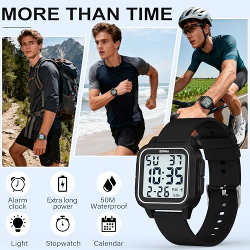 Edillas Square Digital Watch for Mens Womens (Big Numbers Large Face 5ATM Waterproof Alarm Stopwatch Date Week Military Back Light) Watch for Teenagers - Image 2