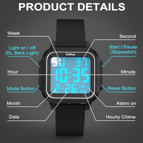 Edillas Square Digital Watch for Mens Womens (Big Numbers Large Face 5ATM Waterproof Alarm Stopwatch Date Week Military Back Light) Watch for Teenagers - Image 5