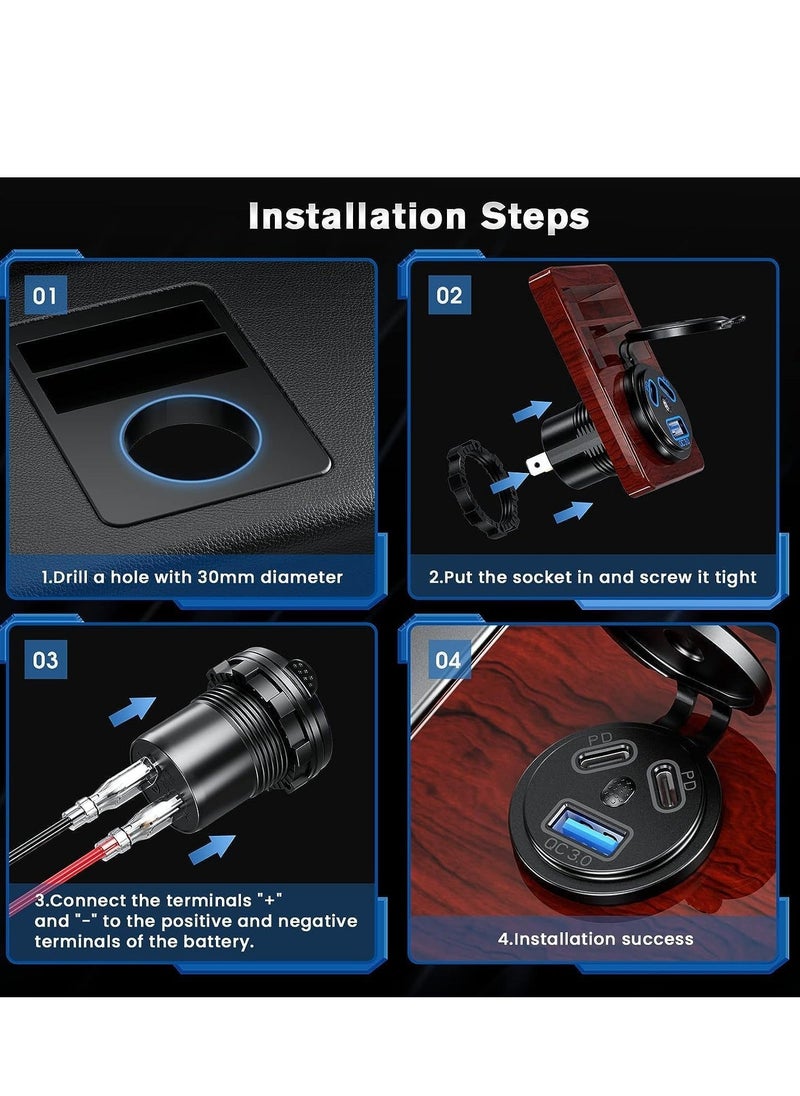 Y&D Type C USB Car Charger Quick Charge Dual Port Fast Socket Power Waterproof 12V/24V Marine Boat Motorcycle Adapter with LED Voltmeter for Truck  - Image 5