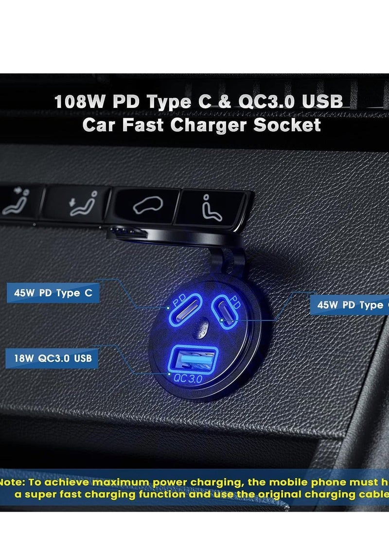 Y&D Type C USB Car Charger Quick Charge Dual Port Fast Socket Power Waterproof 12V/24V Marine Boat Motorcycle Adapter with LED Voltmeter for Truck  - Image 2