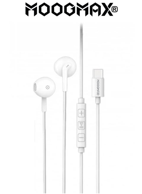 1.2m Type-C earphones wired. Type-C headset wired with a clear, built-in mic. Compatible with iPhone 16 and 15, Samsung, Huawei, and other phones that support a Type-C port. Type-C wired earphones feature control buttons for easy navigation. Type-C wired headphones from MoogMax.