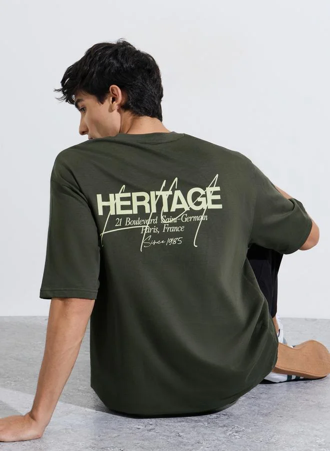 Styli Olive Green Slogan Print Crew Neck Oversized T-Shirt