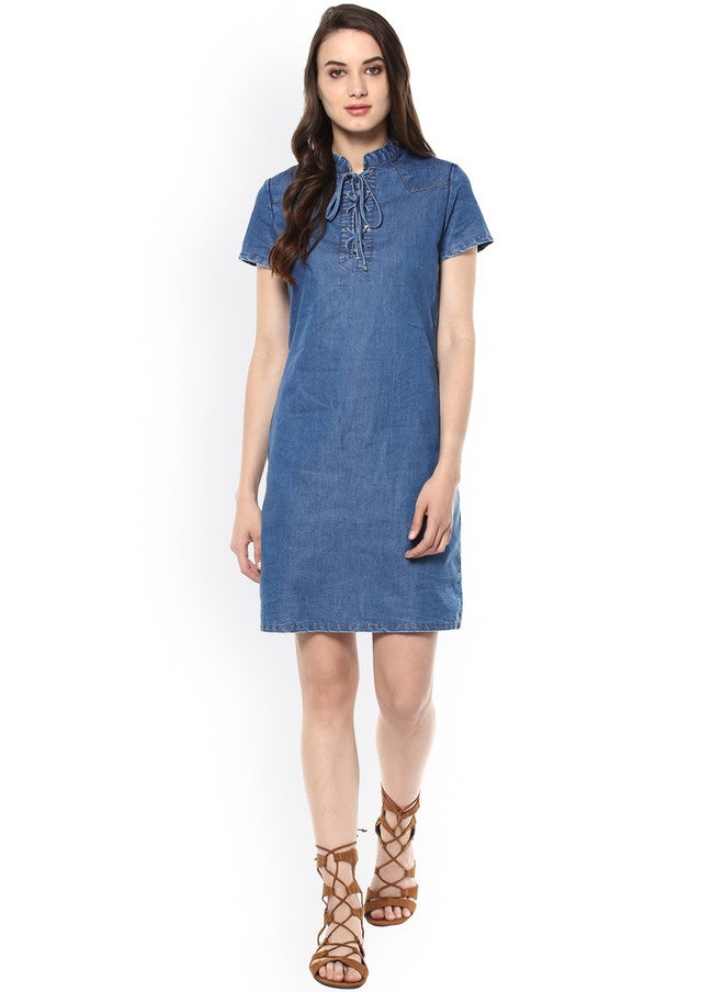 StyleStone فستان شيث دنيم أزرق للنساء من ستايل ستون مع رقبة مربوطة - Image 5