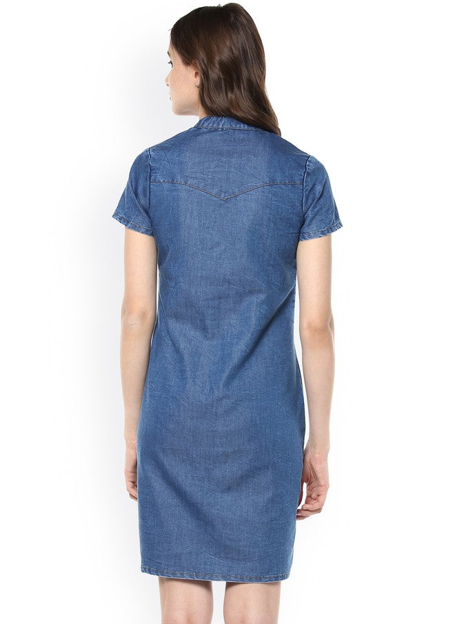 StyleStone فستان شيث دنيم أزرق للنساء من ستايل ستون مع رقبة مربوطة - Image 3