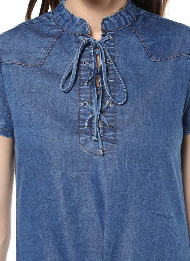 StyleStone فستان شيث دنيم أزرق للنساء من ستايل ستون مع رقبة مربوطة - Image 4