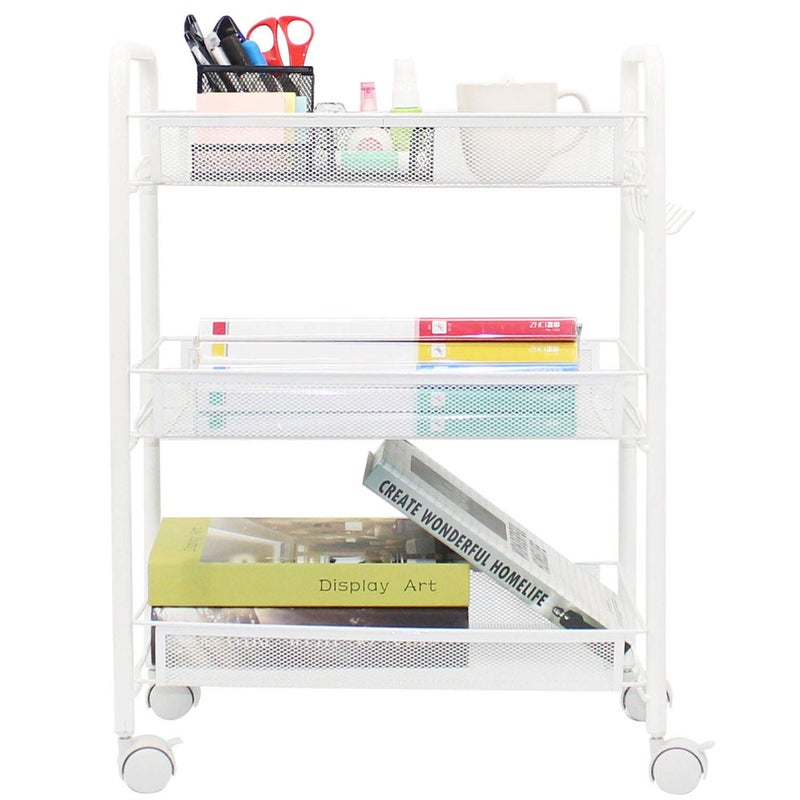 OVICAR Mesh Wire 3 Tier Rolling Cart Kitchen Storage Utility Cart Multifunction Basket Stand for Bathroom Full Metal Storage Art Trolley Carts with Wheels 4 Side Hooks White