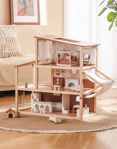 ROBUD Doll House  Wooden Bohemian Dollhouse with Realistic Design Includes 37 Pieces of Furniture  Accessories for Kids Ages 3 - Image 1