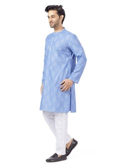 Studio Shringaar Studio Shringaar Men's Cotton Blend Relaxed Fit Ikat Printed Knee Length Kurta(M119, Blue_3XL)  - Image 2