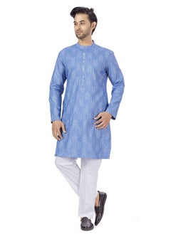 Studio Shringaar Studio Shringaar Men's Cotton Blend Relaxed Fit Ikat Printed Knee Length Kurta(M119, Blue_3XL)  - Image 5