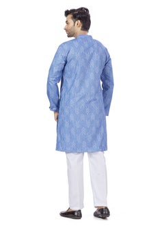 Studio Shringaar Studio Shringaar Men's Cotton Blend Relaxed Fit Ikat Printed Knee Length Kurta(M119, Blue_3XL)  - Image 3