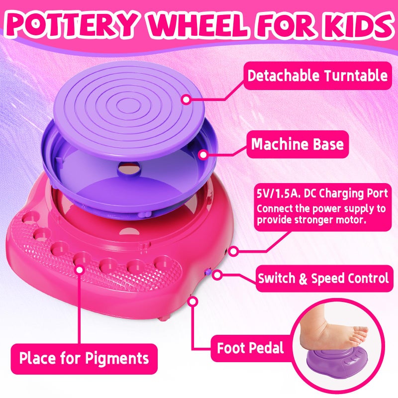 Vinkp Pottery Wheel For Kids - Complete Pottery Painting Kit Arts And Crafts For Kids Ages 8-12 With Air Clay Art Supplies For Girls Boys Toys Birthday Christmas Gifts For 6 7 8 9 10 11 12 - Pink - Image 4