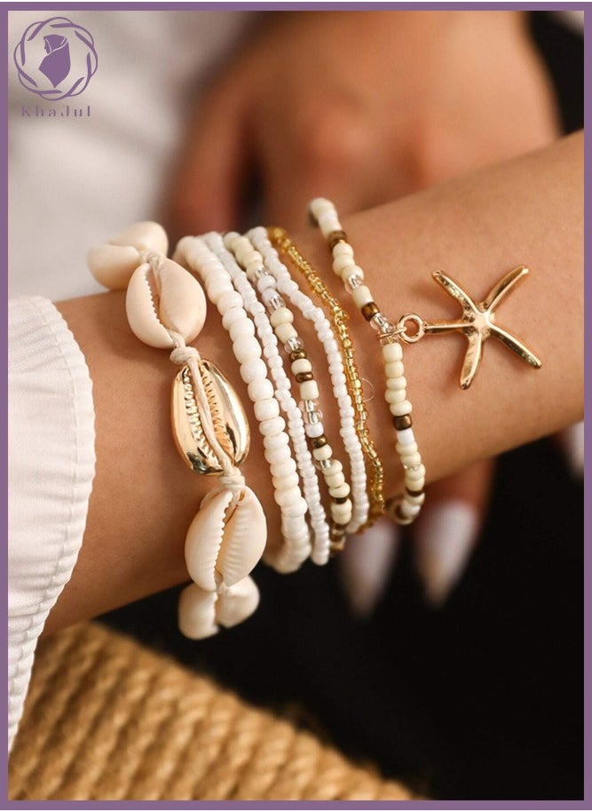 KHAJUL 7-Piece Bohemian Style Beaded Bracelets, Shell Rice Beads, Star Coral Bracelet Starfish Pendant for Women  - Image 2