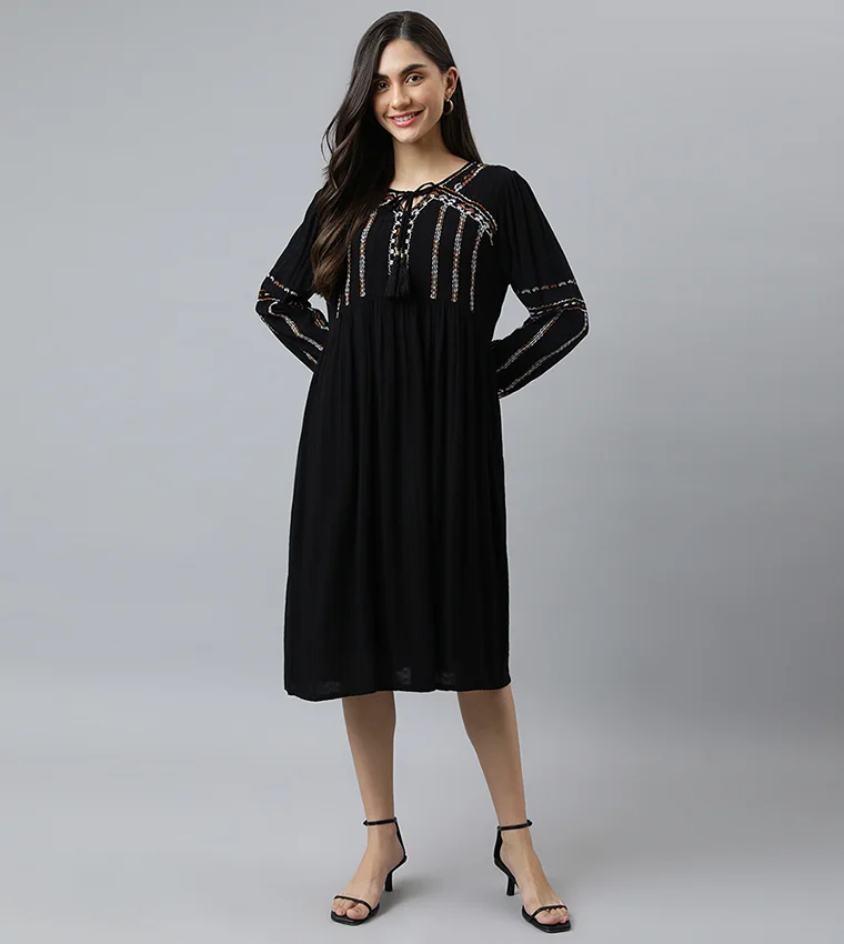 Beverly Hills Polo Club Embroidered Tie-Neck A-line Midi Dress