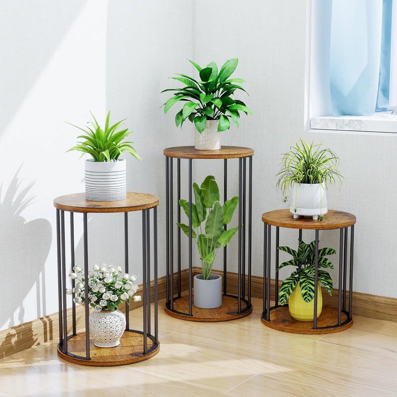 HDANI Set of 3 Round Metal Plant Stands 35/45/55 cm, Solid and Sturdy Flower Stand for Living Room, Garden, Balcony, Wooden Flower Stool, Vintage Brown and Black - Image 5