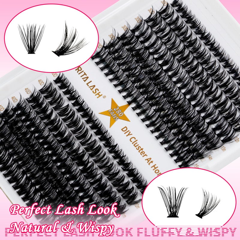 RITALASH Lash Extension Kit 30D+40D DIY Lash Clusters 280pcs Cluster Lashes Individual Lashes Eyelash Extension Kit with Lash Bond and Seal,Lash Tweezers(30D+40D Kit,9-15mm Mixed) - Image 4