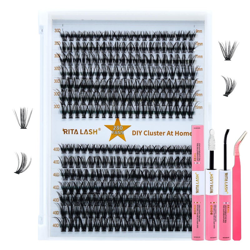 RITALASH Lash Extension Kit 30D+40D DIY Lash Clusters 280pcs Cluster Lashes Individual Lashes Eyelash Extension Kit with Lash Bond and Seal,Lash Tweezers(30D+40D Kit,9-15mm Mixed) - Image 1