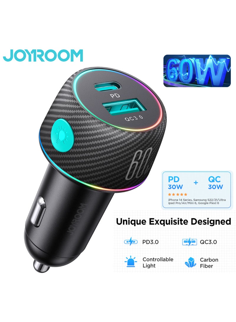 جوي روم محول USB C 60 واط بمنفذين فائق السرعة PD+QC 3.0 وشاحن سيارة سريع Pps 25 واط لهاتف Iphone 14/13/12 وipad Pro وSamsung Galaxy S22 21 Pixel 7 Moto - Image 1