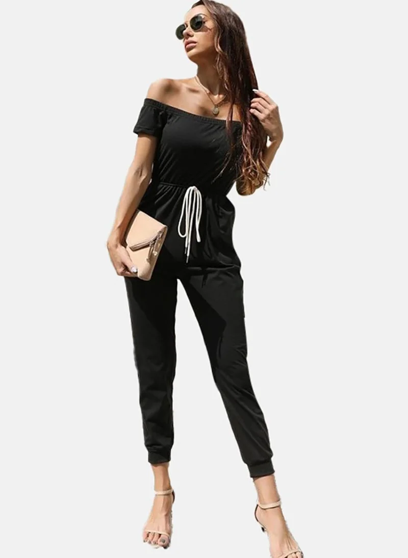 YUNIQEE Black Solid Slim Fit Off-shoulder Jumpsuit
